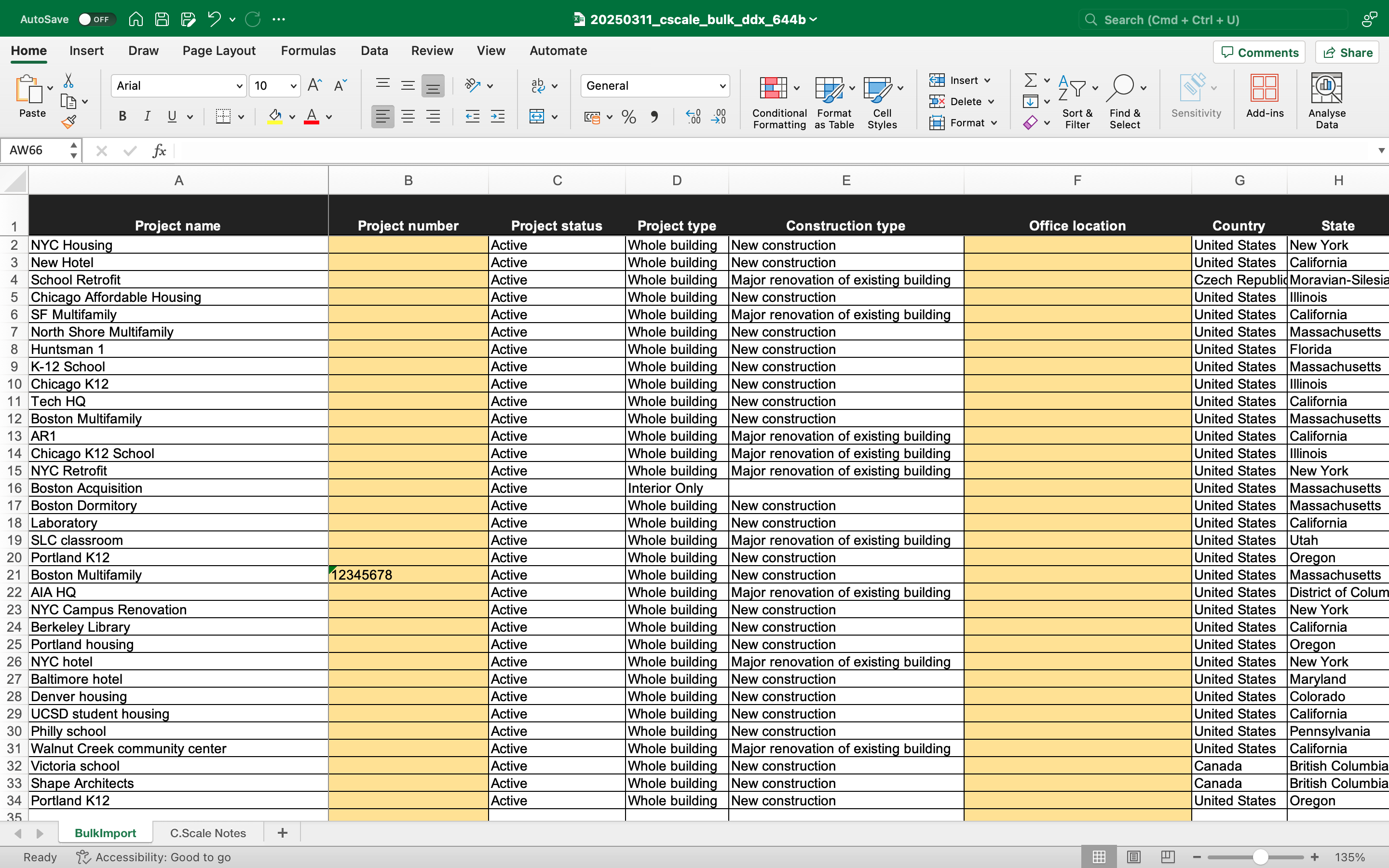 The AIA 2030 DDx bulk export, open in Excel: one row per project.
