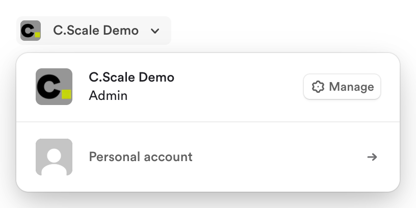 Account menu (top left) open, showing the organization and Personal account.