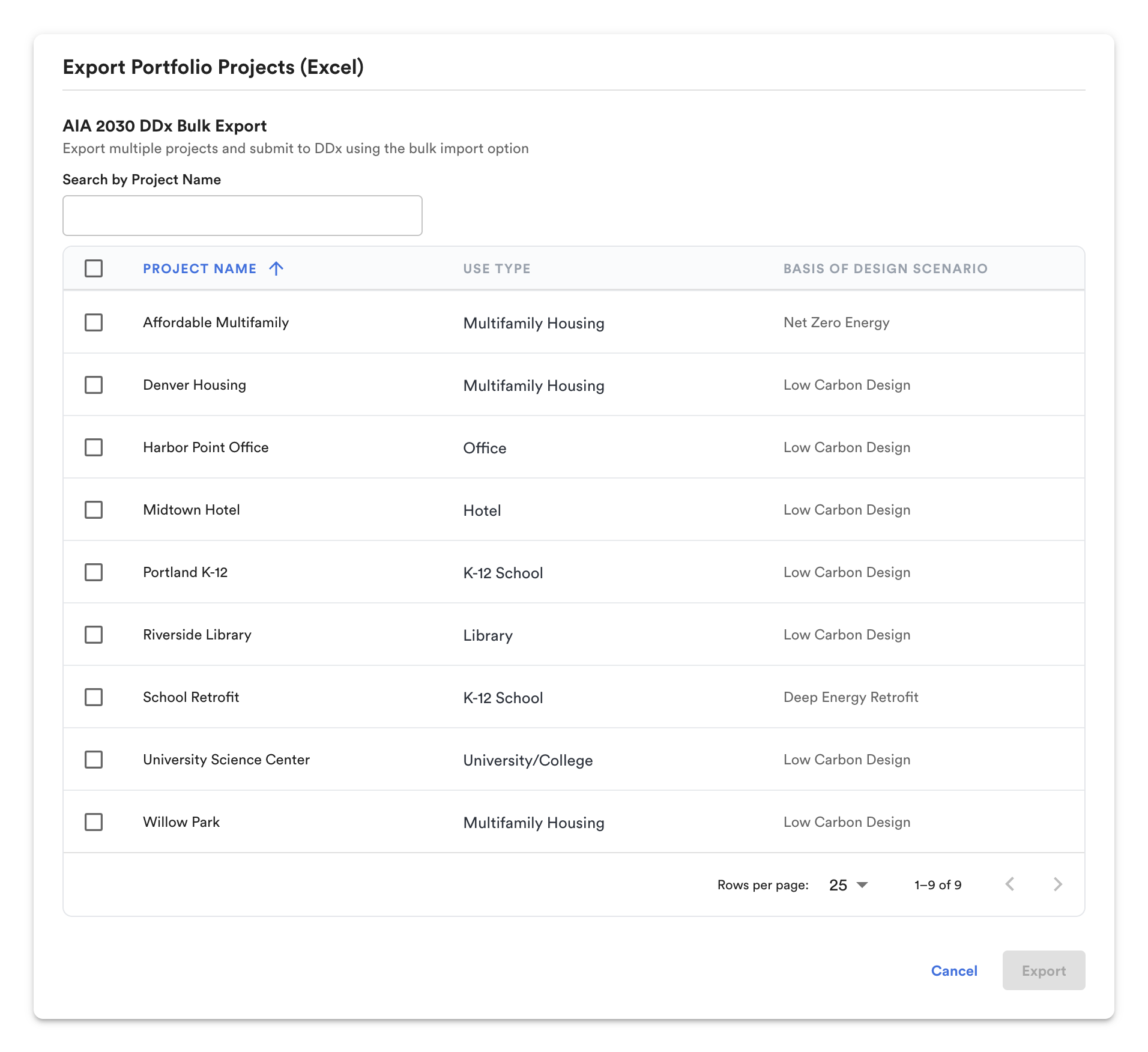 Export Portfolio Projects (Excel) dialog for the AIA 2030 DDx bulk export: projects with each Basis of Design scenario.