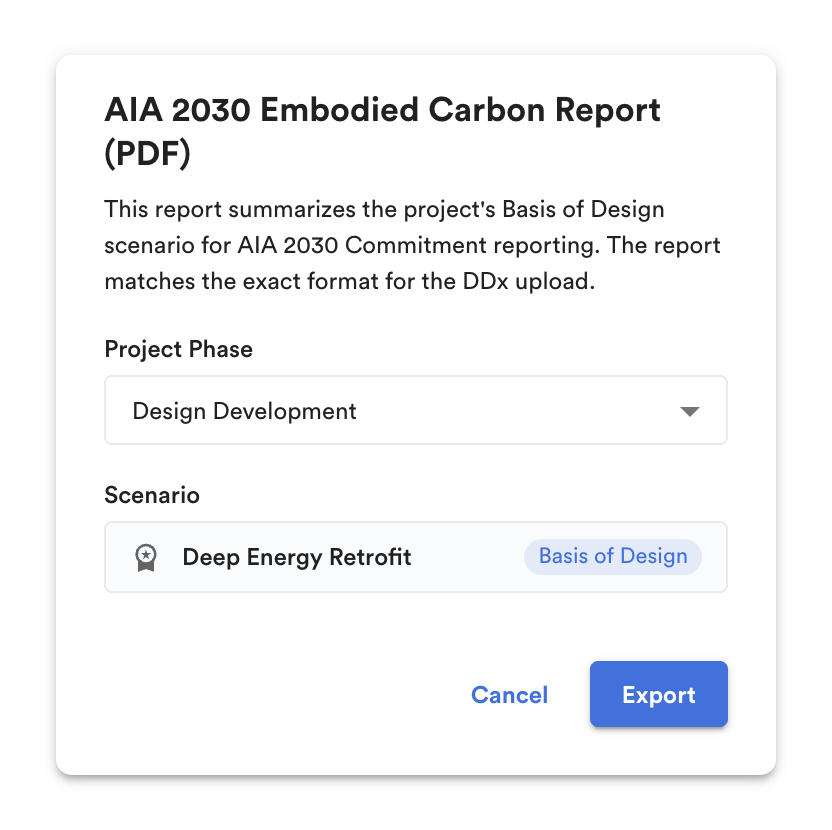 AIA 2030 Embodied Carbon Report (PDF) dialog: Project Phase picker and the Basis of Design scenario.