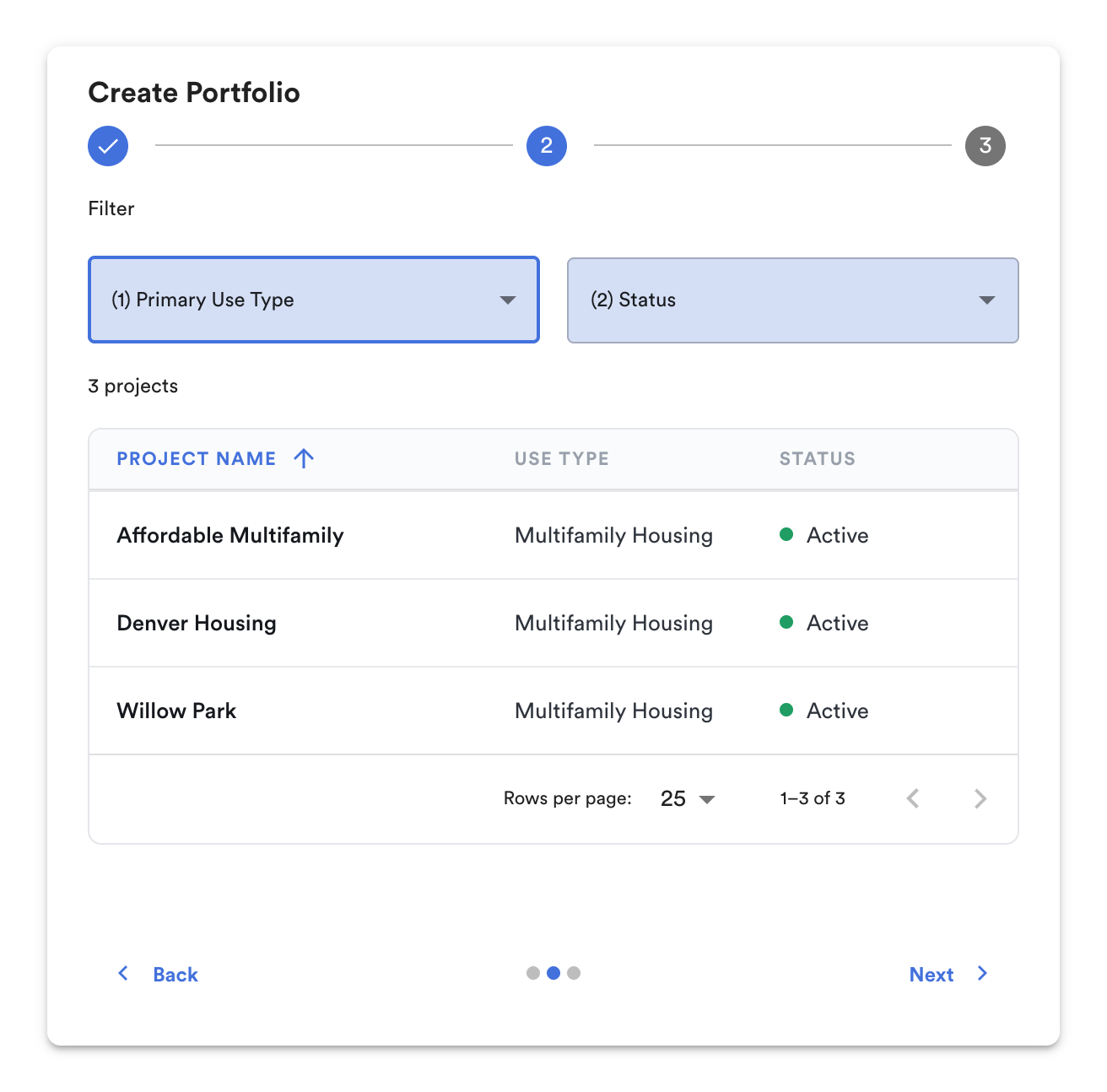 Create Portfolio, step 2: Primary Use Type and Status filters and the matching projects.
