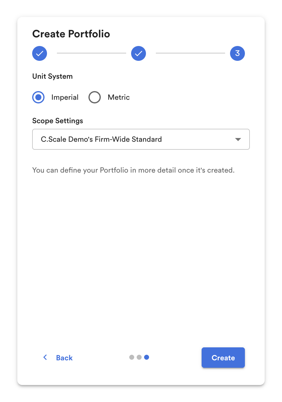 Create Portfolio, step 3: unit system and scope settings.