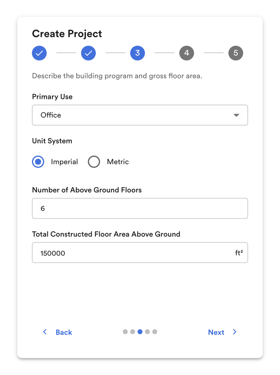 Create project, step 3: primary use, floors, floor area.