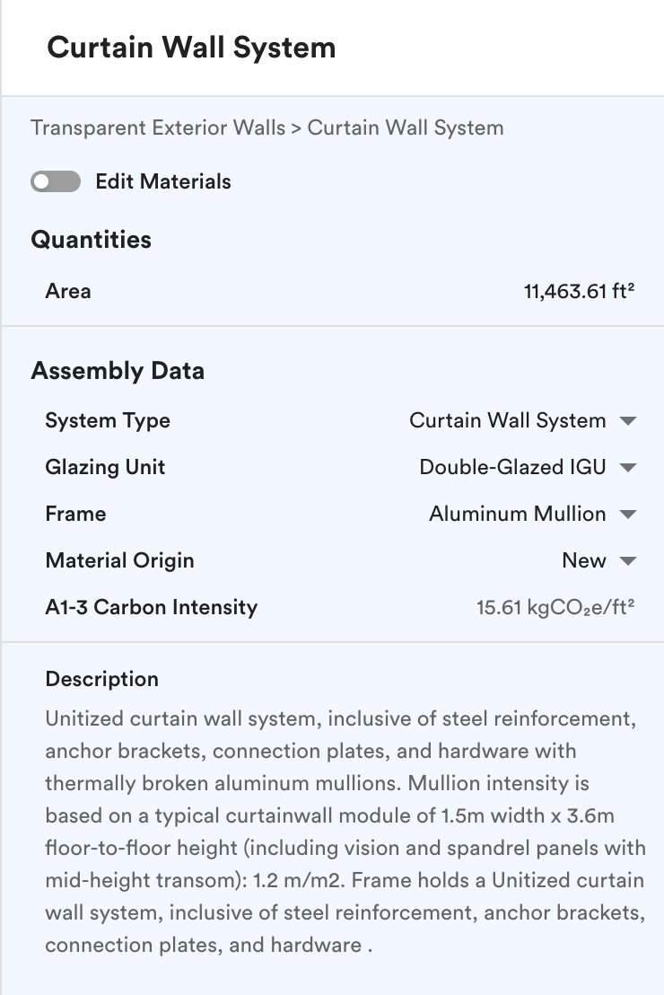 Transparent exterior wall side panel: quantities, assembly data and description.