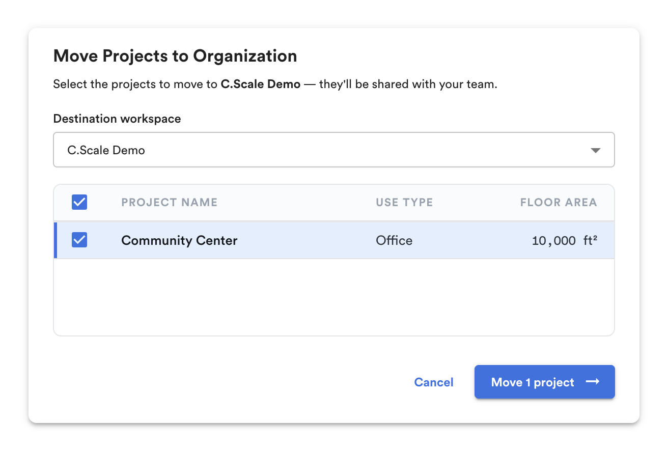 Move Projects to Organization dialog: destination workspace and project checklist.