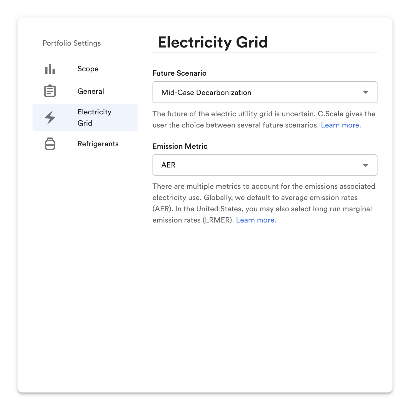 Portfolio Settings: Electricity Grid.