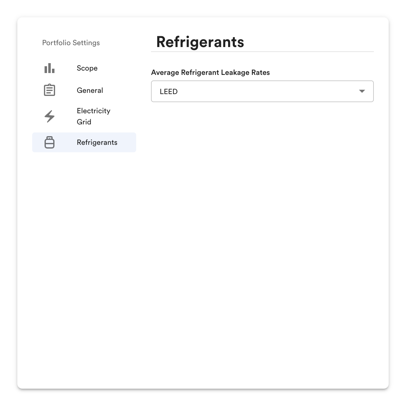 Portfolio Settings: Refrigerants.