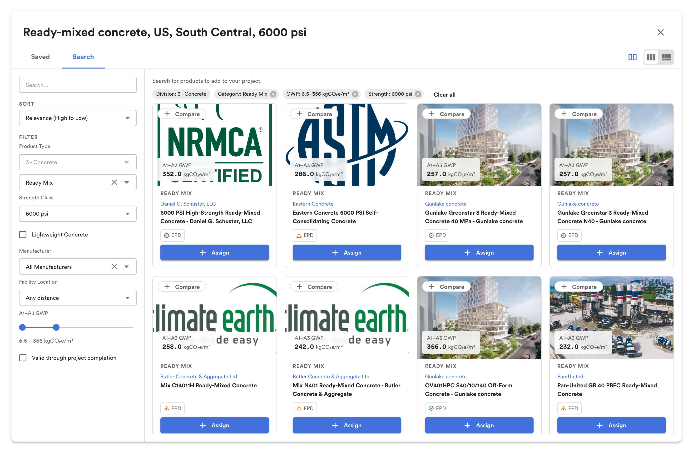 Product library filtered to the selected material, with filters, Compare and Assign.