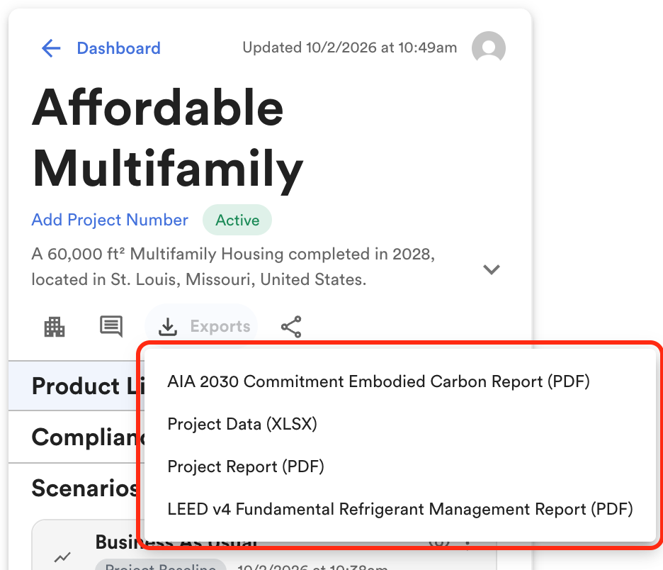 Project left panel, "Affordable Multifamily", with the Export menu open and highlighted (red box): AIA 2030 PDF, Project Data (XLSX), Project Report (PDF), LEED v4 refrigerant report.