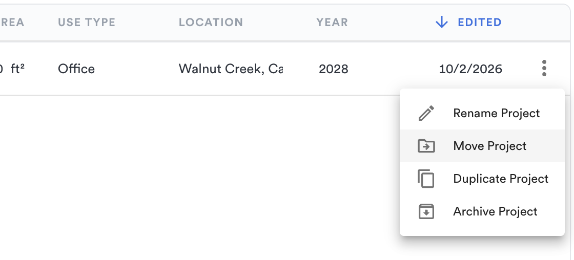 Close-up of a project's 3-dot menu in the projects list (Rename, Move, Duplicate, Archive).