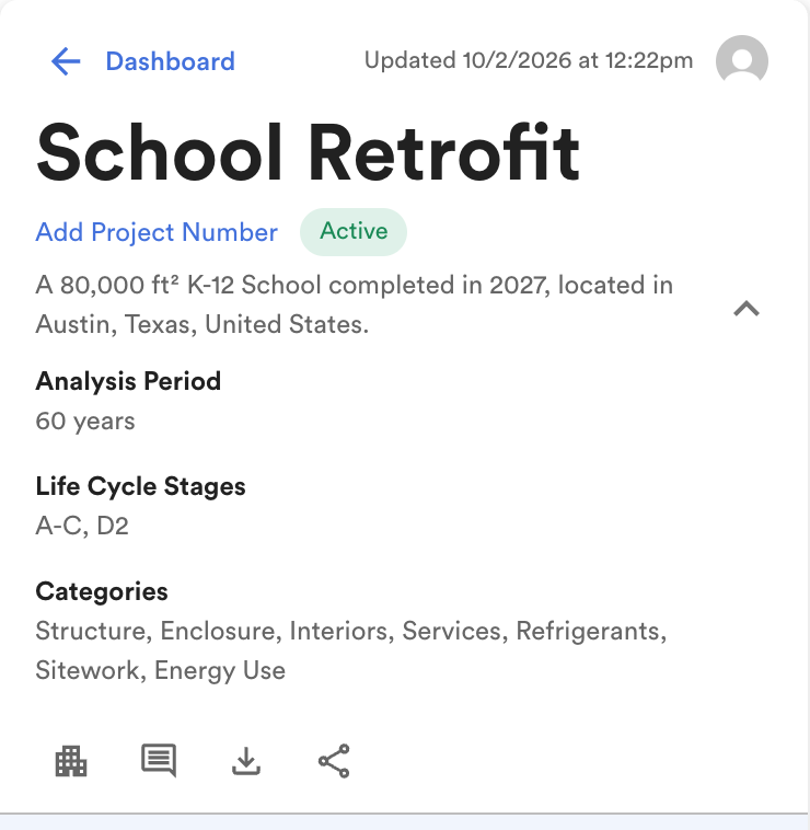 Project left panel, "School Retrofit", expanded: Updated date and editor avatar, analysis period, life cycle stages and categories.