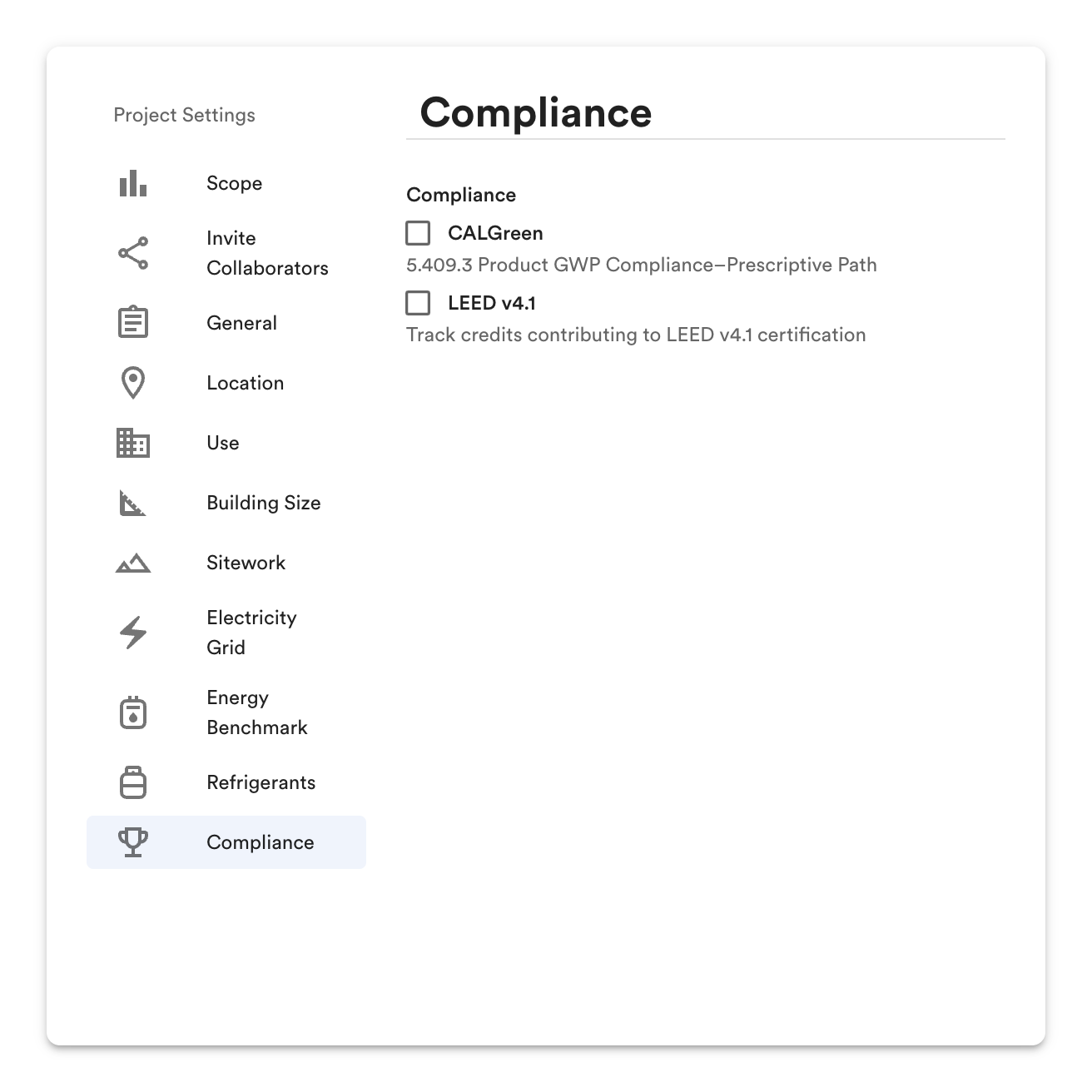 Project Settings: Compliance (CALGreen, LEED v4.1).