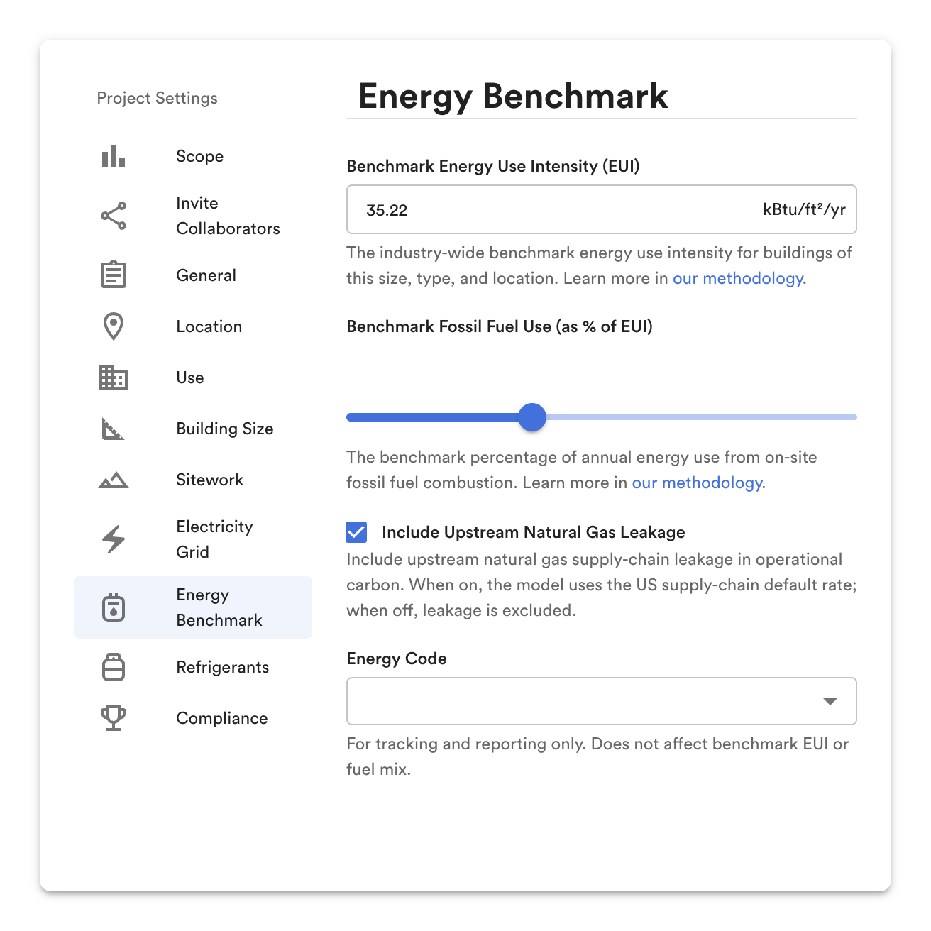 Project Settings: Energy Benchmark (benchmark EUI, fossil fuel use, gas leakage, energy code).