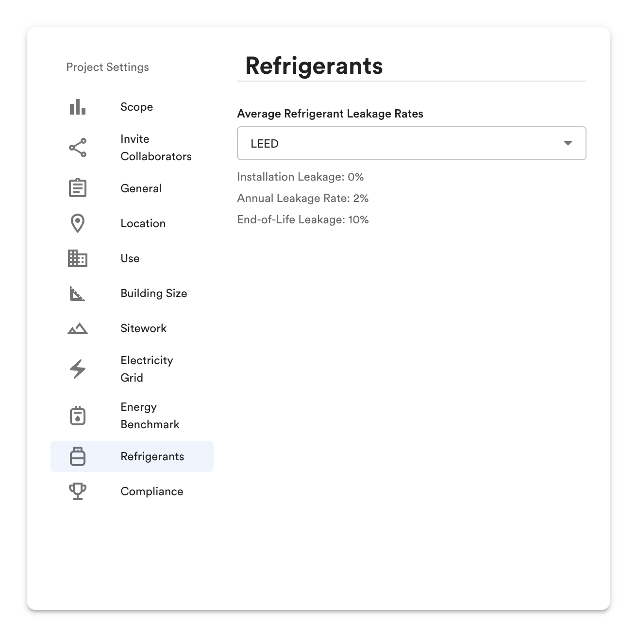 Project Settings: Refrigerants.