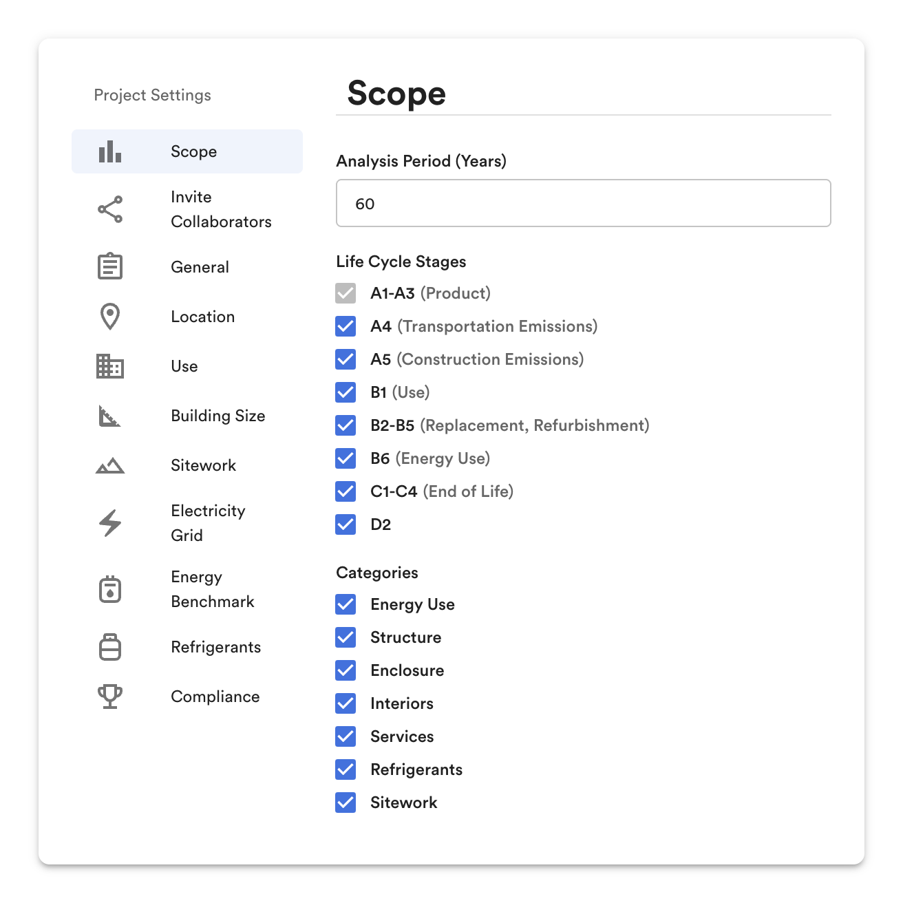 Project Settings, Scope: a 60-year analysis period, the life cycle stages to include (A1-A3, A4, A5, B1, B2-B5, B6, C1-C4, D2) and the emission categories to include.