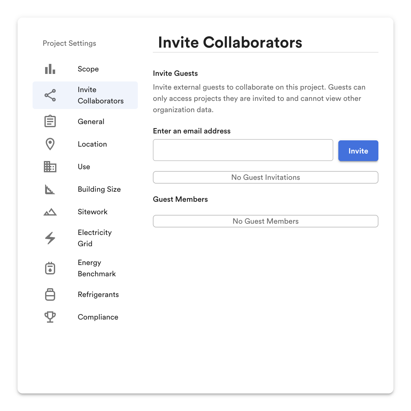 Project Settings: Invite Collaborators (invite guests, guest list).