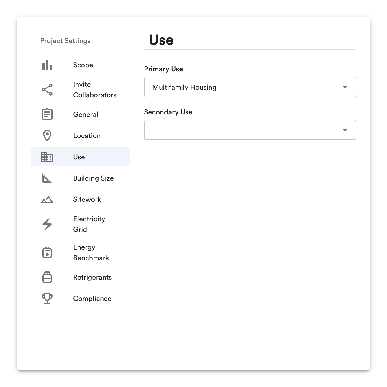 Project Settings, Use: the Primary Use dropdown set to Multifamily Housing, and an empty Secondary Use dropdown.