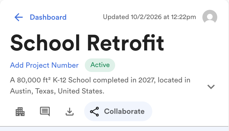 Project left panel, "School Retrofit", with the Collaborate (share) button expanded on hover.