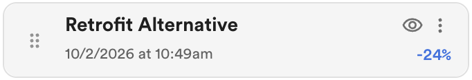 A scenario row ("Retrofit Alternative") on hover, with its eye and 3-dot menu buttons.