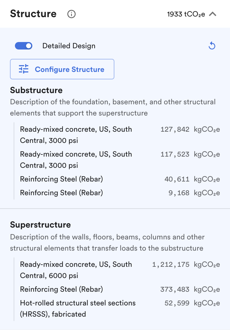 Structure accordion with Detailed Design on, Configure Structure, and substructure/superstructure totals.