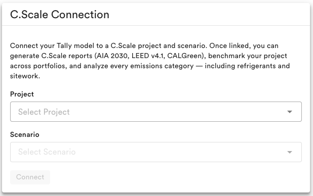 Tally's C.Scale Connection dialog: project and scenario pickers.