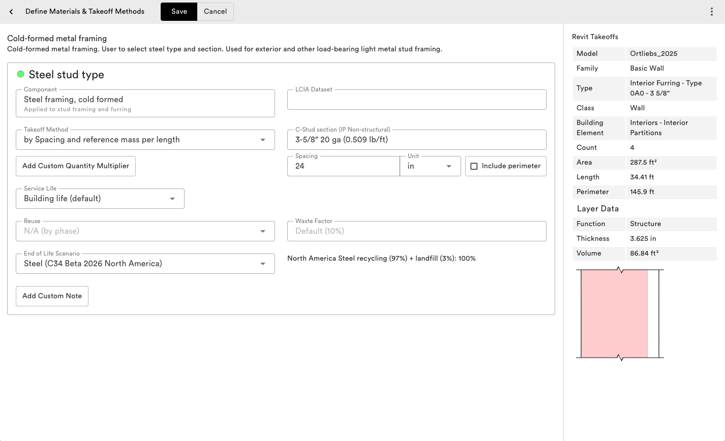 Tally's Define Materials & Takeoff Methods screen for a layer.