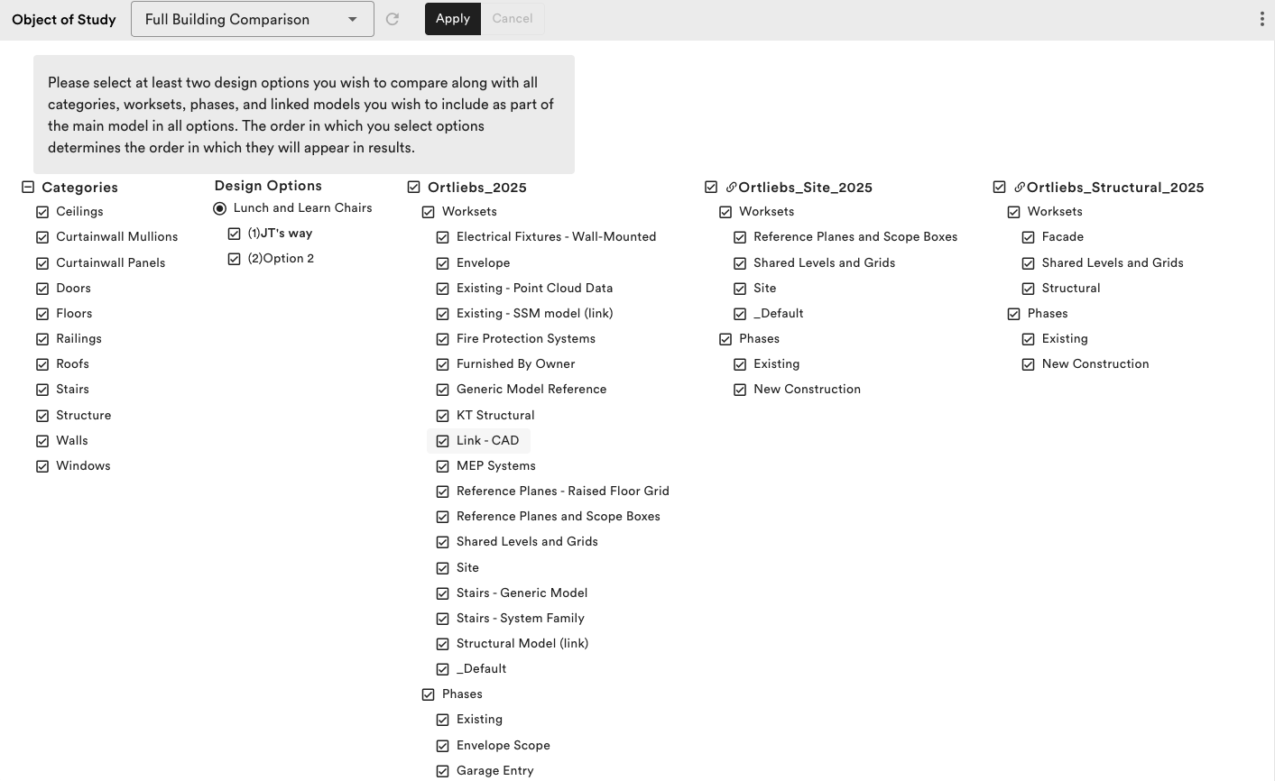 Tally's Object of Study screen: categories, design options, linked models, phases.