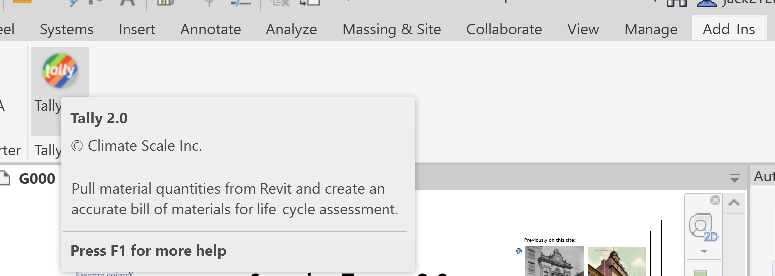 Tally 2.0 tooltip in Revit's Add-Ins ribbon.
