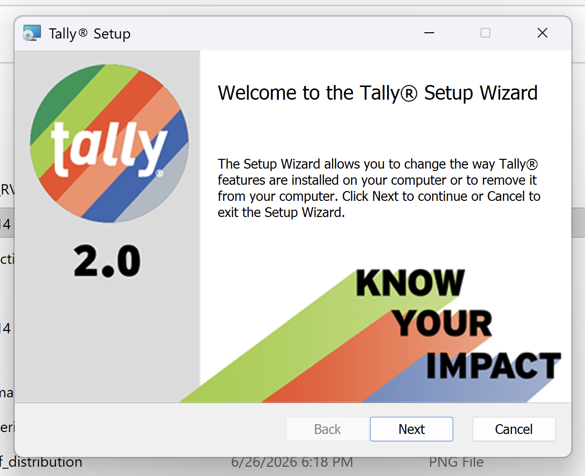 The Tally 2.0 Setup Wizard, first page.